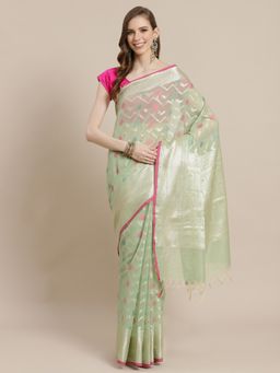 Banarasi Silk Works - Masrise Cotton Woven Saree Green with Unstitched Blouse