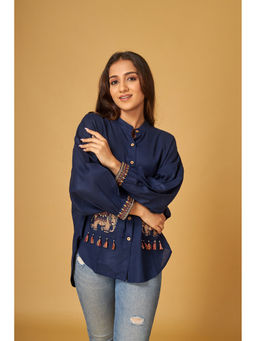 Maisolos - Navy Blue Linen Embroidered Shirt