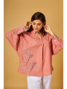 Maisolos - Salmon Pink Linen Embroidered Top