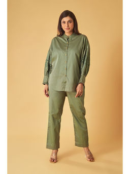 Maisolos - Olive Green Cotton Embroidered Co-Ord (Set of 2)