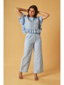 Maisolos - Powder Blue Linen Ruffle Crop Top and Pant (Set of 2)