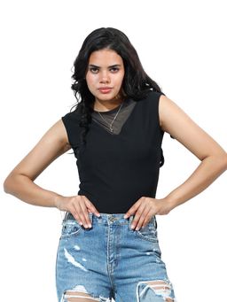 AAREIN - Black Sleeveless Round Neck Scuba Solid Casual Top