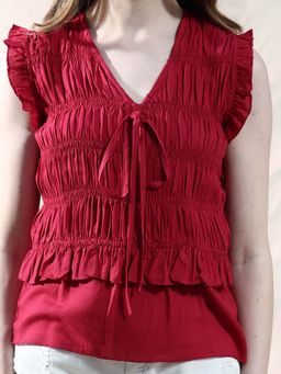 AAREIN - Red V-Neck Viscose Rayon Solid Casual Top