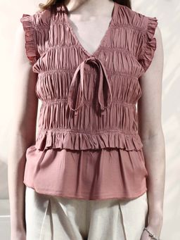 AAREIN - Brown V-Neck Viscose Rayon Solid Casual Top