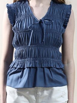 AAREIN - Blue V-Neck Viscose Rayon Solid Casual Top