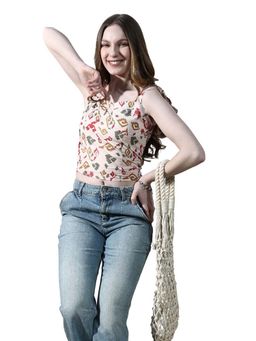 AAREIN - Cream Sleeveless Square Neck Cotton Printed Casual Top