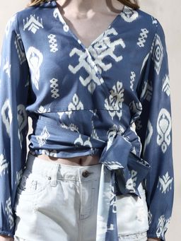 AAREIN - Blue V-Neck Linen Printed Casual Top