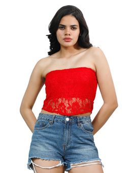 AAREIN - Red Sleeveless Strapless Polyester Self Design Casual Crop Top (S)
