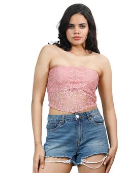 AAREIN - Pink Sleeveless Strapless Polyester Self Design Casual Crop Tops (S)