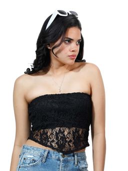 AAREIN - Black Sleeveless Strapless Polyester Self Design Casual Top
