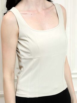 AAREIN - Beige Square Neck Polyester Solid Casual Top