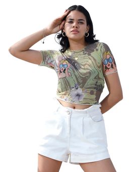 AAREIN - Olive Green Round Neck Polyester Printed Casual Crop Top (XS)