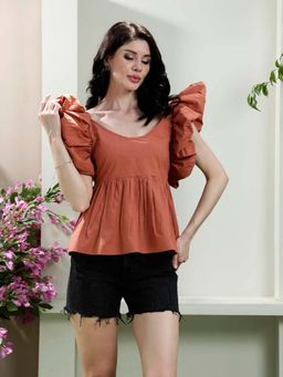 AAREIN - Brown Scoop Neck Cotton Solid Casual Top