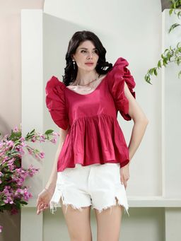 AAREIN - Fuchsia Scoop Neck Cotton Solid Casual Top