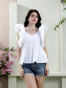 AAREIN - White Scoop Neck Cotton Solid Casual Top