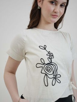 AAREIN - Off-White Round Neck Cotton Embroidered Casual Tops