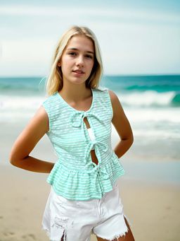 AAREIN - Green Round Neck Polyester Self Design Casual Top