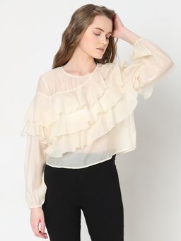 VERO MODA - Cream Ruffle Semi Sheer Top