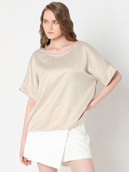 VERO MODA - Beige Satin O-Neck Top