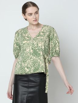 VERO MODA - Beige Printed Textured Wrap Top