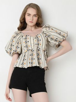 VERO MODA - Cream Printed Smocked Top