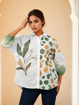 Zolo Label - White and Green Printed Cotton Collar Neck Shirt