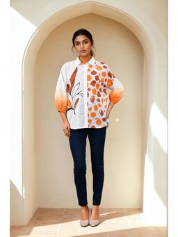 Zolo Label - White and Orange Printed Cotton Collar Neck Shirt