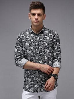 SHOWOFF - Men Grey Collar Neck Floral Comfort Fit Shirt