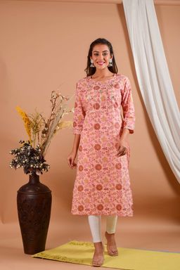 Maaesa - Salmon Pink Block Printed Pure Cotton Kurta