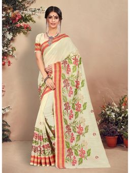 Sangam Prints - Cream Thread Work Traditional Saree with Unstitched Blouse