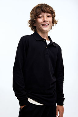 H&M - Boys Black Long-Sleeved Cotton Polo Shirt