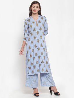 Indibelle - Powder Blue Cotton Block Print Straight Kurta