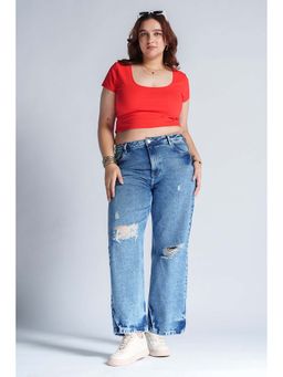 FREAKINS - Tranquil Blue Curve Distressed Straight Fit Jeans