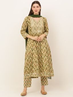Laado - Green Floral Empire Kurta With Trousers With Dupatta (Set of 3)