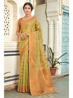 Sangam Prints - Green & Gold Organza Woven Zari Work Traditional Tassel Saree with Unstitched Blouse
