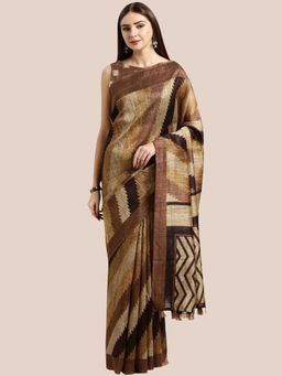 Rajnandini - Womens Brown and Beige Cotton Linen Printed Traditional Saree with Unstitched Blouse