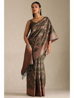 Soch - Olive Tussar Silk Woven Saree with Unstitched Blouse Piece