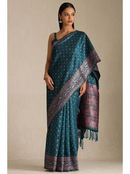 Soch - Teal Tussar Silk Woven Saree with Unstitched Blouse Piece