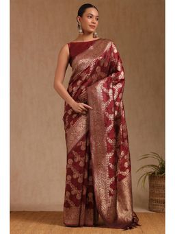 Soch - Maroon Tussar Silk Floral Saree with Unstitched Blouse Piece