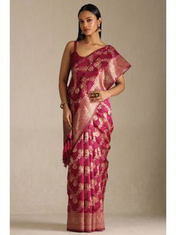 Soch - Pink Tussar Silk Floral Saree with Unstitched Blouse Piece