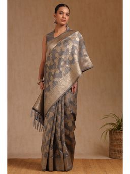 Soch - Grey Tussar Silk Floral Saree with Unstitched Blouse Piece