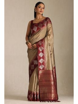 Soch - Beige Tussar Silk Woven Saree with Unstitched Blouse Piece