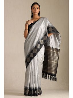 Soch - Silver Tussar Silk Woven Saree with Unstitched Blouse Piece