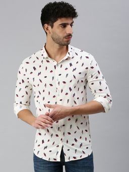 SHOWOFFFF - Men Roll-Up Sleeves Cream Abstract Shirt