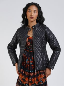 Label Ritu Kumar - Black Quilted Biker Jacket