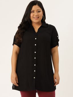 theRebelinme - Plus Size Women Black Solid Color Casual Collar Shirt