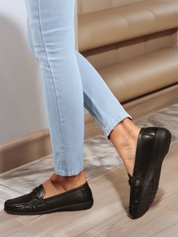 Carlton London - Women Black Slip-On Loafers with Bows Gold Detail