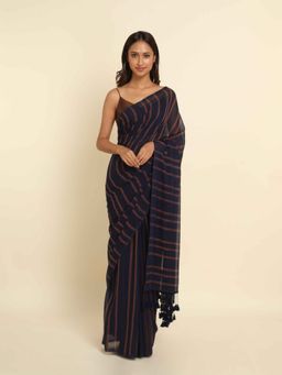 Suta - Navy Blue Stripes Pure Cotton Saree