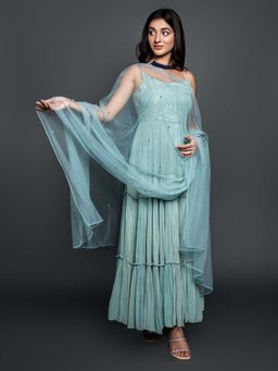 Shahmeen Husain - Sky Blue Chikankari Pleated Dress and Dupatta (Set of 2)