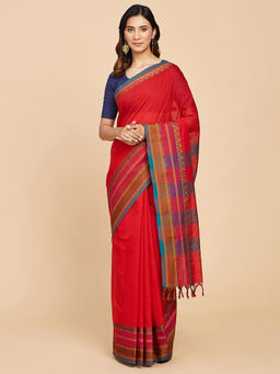 Fabindia - Red Cotton Woven Saree Without Blouse
